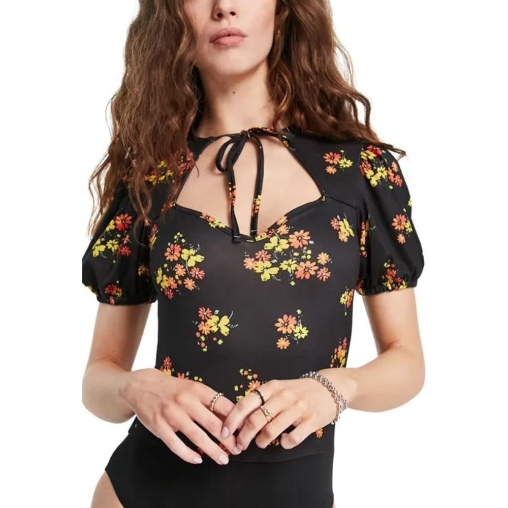 Topshop Women's Floral Print Short Puff Sleeve Tie Bodysuit in Black Size 8-10